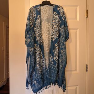 Teal Blue Tassel Kimono Swim Cover-up Boho Chic Resort Wear
